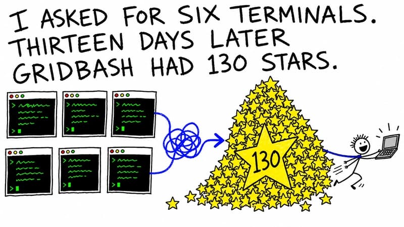 A bad MS Paint drawing of six terminal windows feeding a heap of 130 stars.