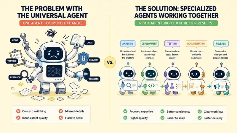 A comparison: one overloaded giant agent juggling many tools on the left, versus five small specialized agents passing clean workflow cards on the right.