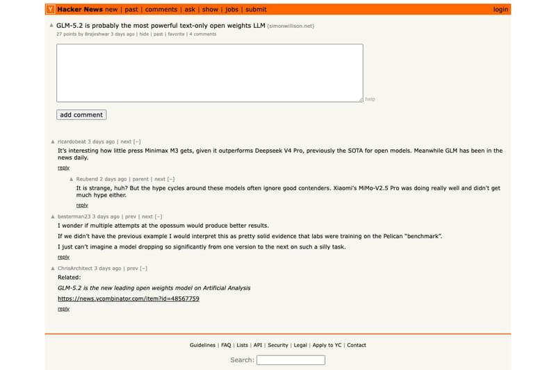 Hacker News discussion — GLM-5.2 is probably the most powerful text-only open weights LLM