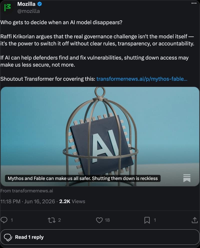 Mozilla on X — Who gets to decide when an AI model disappears?