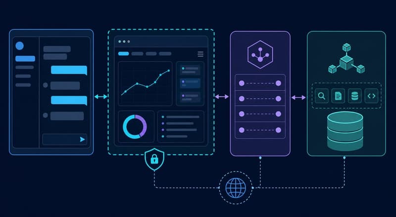Arquitectura de una MCP App: host de chat, interfaz en iframe sandboxed, puente de mensajes y servidor MCP con tools y datos