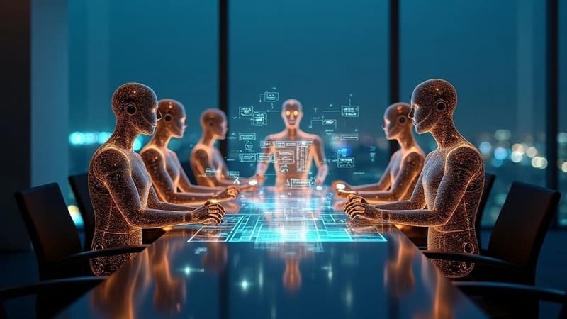 Enterprise multi-agent AI orchestration architecture diagram showing agents handing off tasks across systems