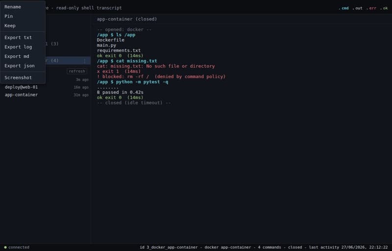 execkit's viewer showing a Docker session with the per-session menu open (rename, pin, keep, export, screenshot). The transcript has a failing