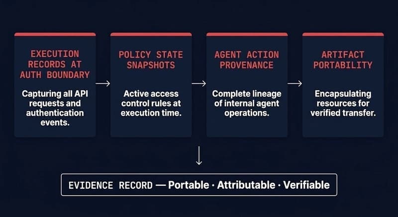 ai evidence artifact layer — four components: execution records, policy snapshots, agent provenance, artifact portability
