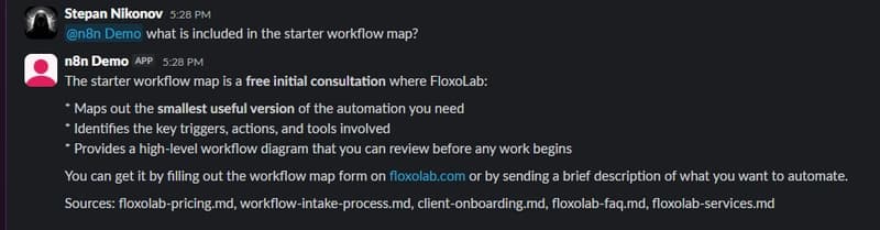 Slack question and bot answer showing sources from approved knowledge files