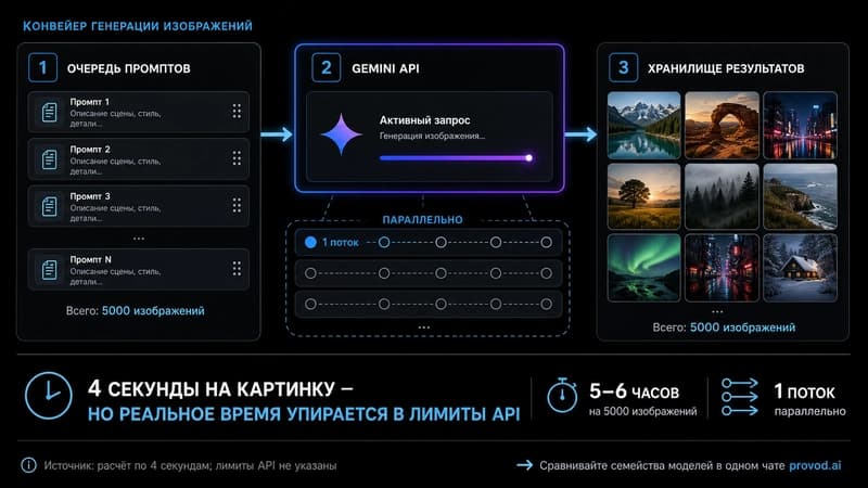 Схема конвейера генерации изображений на Nano Banana 2 Lite: очередь промптов, Gemini API, хранилище результатов