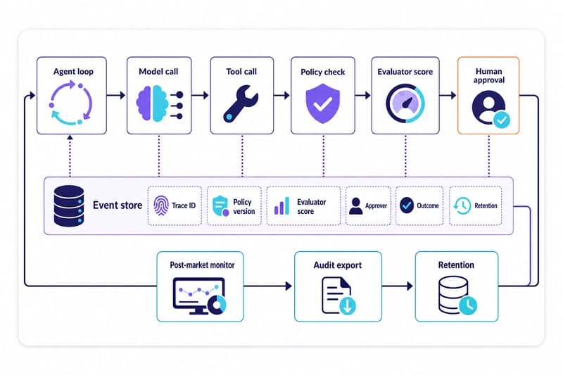 Flow diagram showing an AI agent runtime evidence pipeline from tool call through policy checks, human approval, trace storage, monitoring, and audit export.