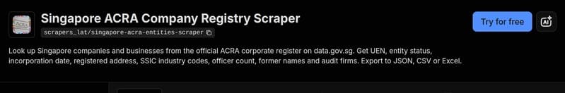 The Singapore ACRA Company Registry Scraper on the Apify Store