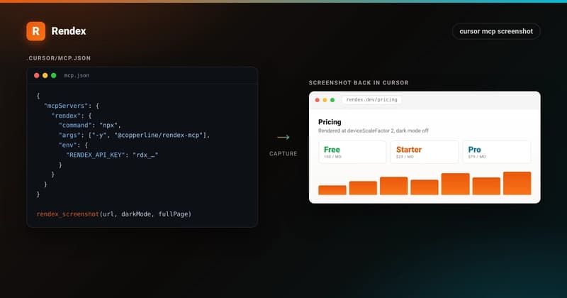 Cursor MCP screenshot config on the left and the captured rendex.dev pricing page on the right