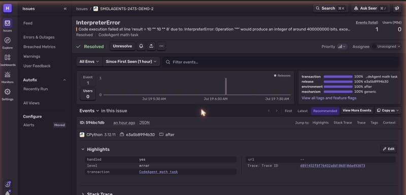 Sentry issue showing the informative InterpreterError captured on the patched build, environment after, transaction CodeAgent math task, resolved