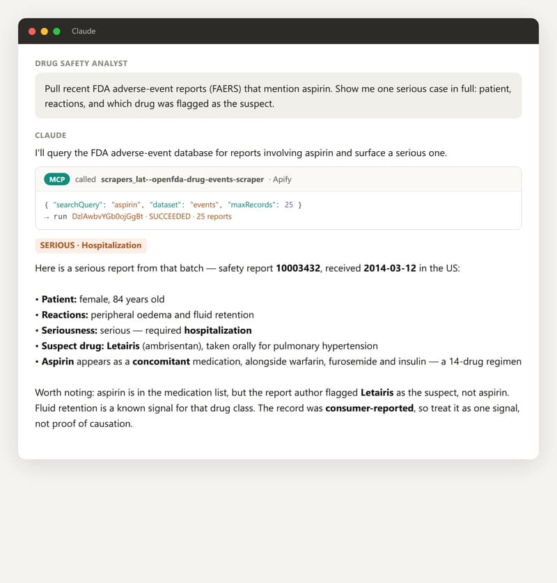 Claude calling the FAERS tool and answering with a real adverse-event report