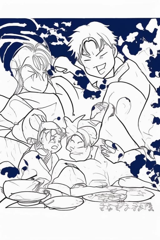 A dinner-table scene where multiple faces fuse and multiply