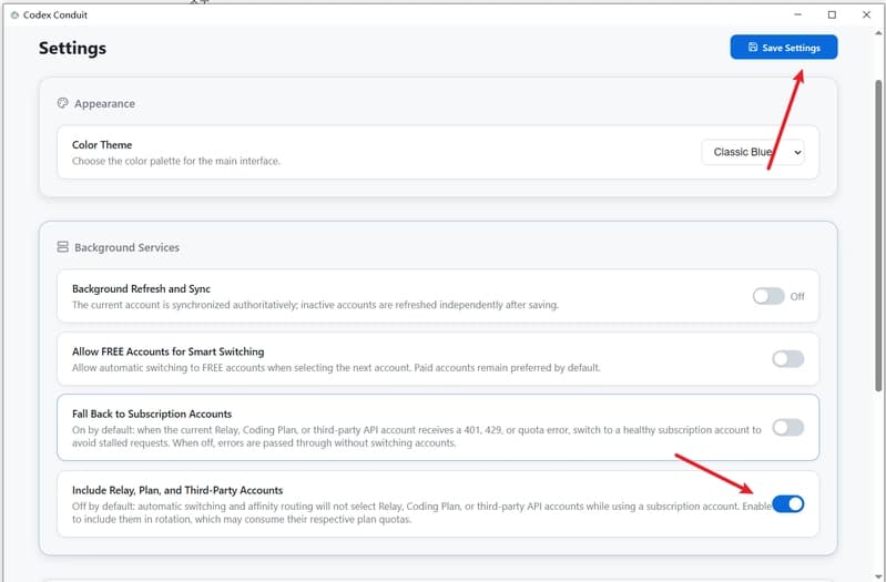 Codex Conduit routing settings