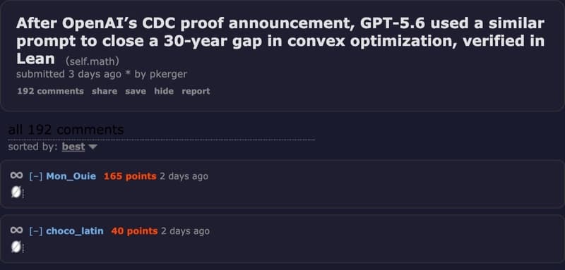 Reddit r/math discussion on GPT-5.6 closing the convex optimization gap