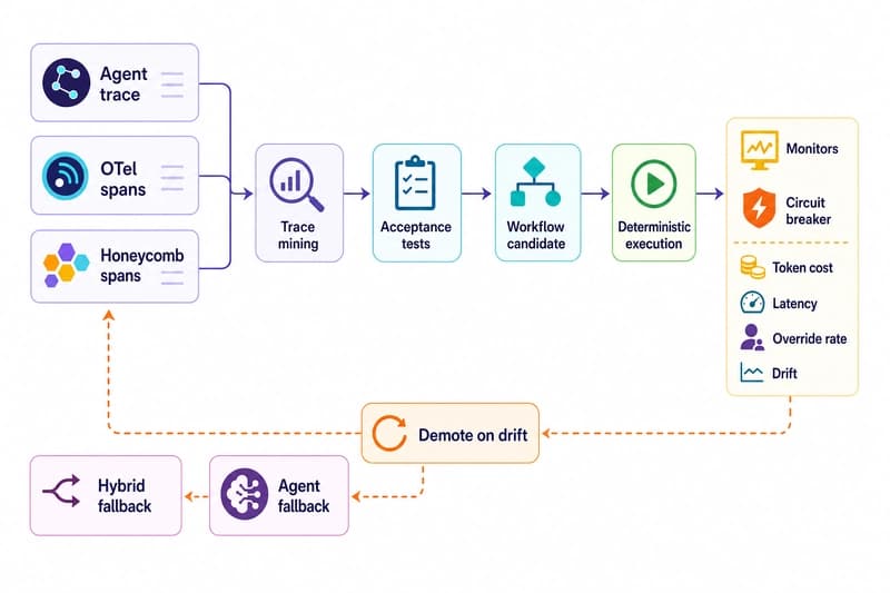 Promotion and demotion loop showing traces feeding tests, deterministic workflow promotion, monitoring, and fallback when drift appears