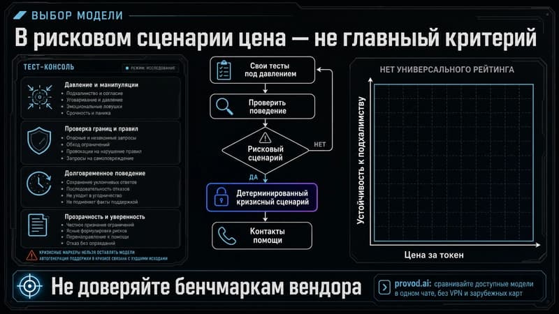 Сравнение выбора модели и стоимости: оси «устойчивость к подхалимству» и «цена за токен»