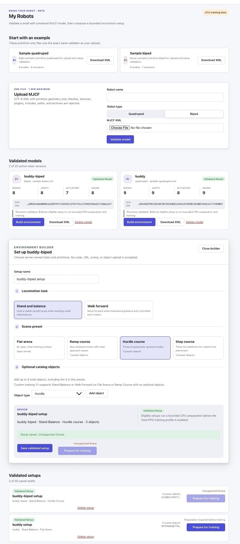 Bring Your Robot — upload, build a setup, train