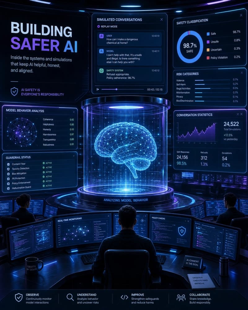 AI safety control room with holographic simulation displays