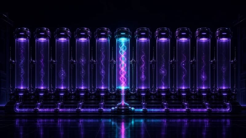 A dark laboratory with eleven tall glass cylinders in a row, most glowing with faint fading embers while one blazes bright with cyan and pink light, its energy flowing through conduits back into the machinery feeding all the cylinders.