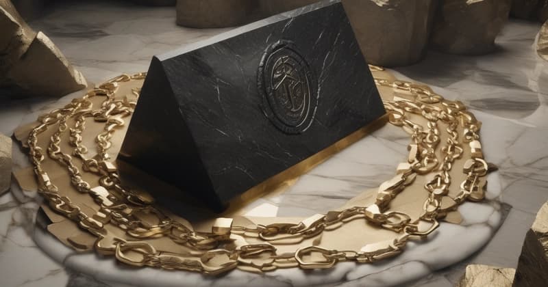 A gold cryptographic seal pressed into a chain of marble tablets fused into black bedrock, anchored and immovable