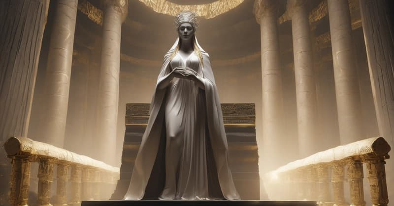 A colossal marble figure inscribing an open ledger carved into bedrock, every line glowing with gold circuit traces, a colonnade of witnesses behind