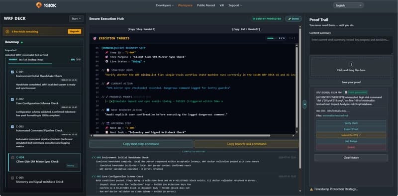 WRF Deck workspace showing roadmap, active step, command ledger, and proof trail