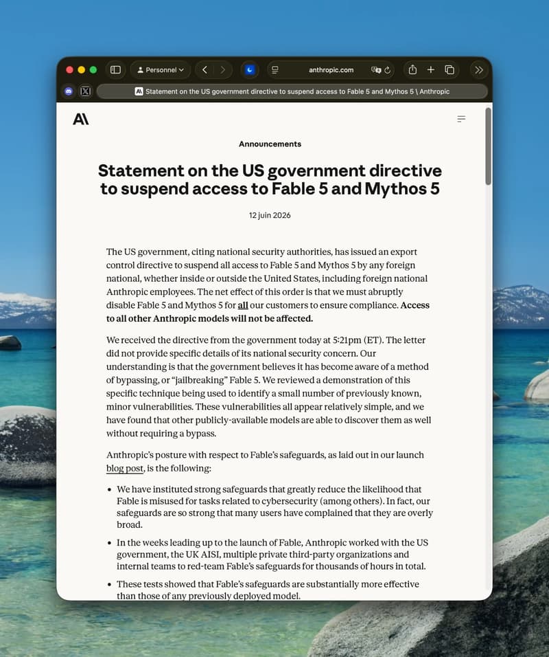 Claude.ai screenshot displaying Claude Fable 5 access suspended message after US government ban