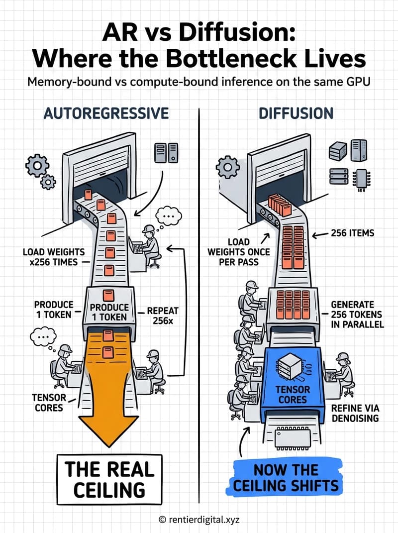 TITLE "AR vs Diffusion: Where the Bottleneck Lives" + subtitle "Memory-bound vs compute-bound inference on the same GPU". Metaphor: two factory assembly lines side by side: left line labeled AUTOREGRESSIVE has a giant VRAM warehouse door that opens and closes for every single item on the belt, workers labeled TENSOR CORES sit idle waiting; right line labeled DIFFUSION loads once at start then all workers process 256 items simultaneously. Style: engineer blueprint, thick pen technical drawing, cross-section view, grid paper background. Palette: deep navy #1a2744, electric blue #3b82f6, amber #f59e0b, white #ffffff, light gray #e5e7eb. Content: left side station labels LOAD WEIGHTS x256 TIMES, PRODUCE 1 TOKEN, REPEAT 256x; right side labels LOAD WEIGHTS ONCE PER PASS, GENERATE 256 TOKENS IN PARALLEL, REFINE VIA DENOISING. Highlight: amber oversized bottleneck arrow on left labeled THE REAL CEILING in bold annotation box; right tensor cores block highlighted electric blue labeled NOW THE CEILING SHIFTS. Footer: copyright rentierdigital.xyz. NOT flat corporate infographic, NOT minimalist startup aesthetic.
