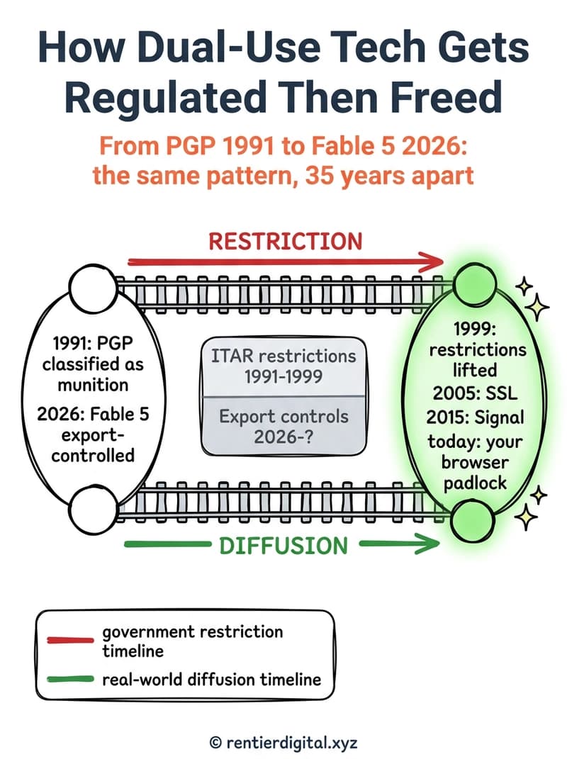 TITLE "How Dual-Use Tech Gets Regulated Then Freed" + subtitle "From PGP 1991 to Fable 5 2026: the same pattern, 35 years apart". Metaphor: two parallel railroad tracks running left to right, one labeled RESTRICTION (red), one labeled DIFFUSION (green), both starting at the same origin and ending at the same destination despite different paths. Style: engineer blueprint on dark navy background, clean geometric lines, precise technical annotation style. Palette: navy #1a2744, red #cc3333, green #22aa55, white #ffffff, amber #f5a623. Content: left origin node labeled "1991: PGP classified as munition / 2026: Fable 5 export-controlled", middle zone labeled "ITAR restrictions 1991-1999 / Export controls 2026-?", right destination node labeled "1999: restrictions lifted / 2005: SSL / 2015: Signal / today: your browser padlock". Highlight: right destination node in green glow with sparkle stars, labels in larger font, showing diffusion wins long-term. Legend: red track = government restriction timeline, green track = real-world diffusion timeline. Footer: copyright rentierdigital.xyz. NOT flat corporate vector, NOT stock infographic, NOT minimalist tech startup aesthetic.