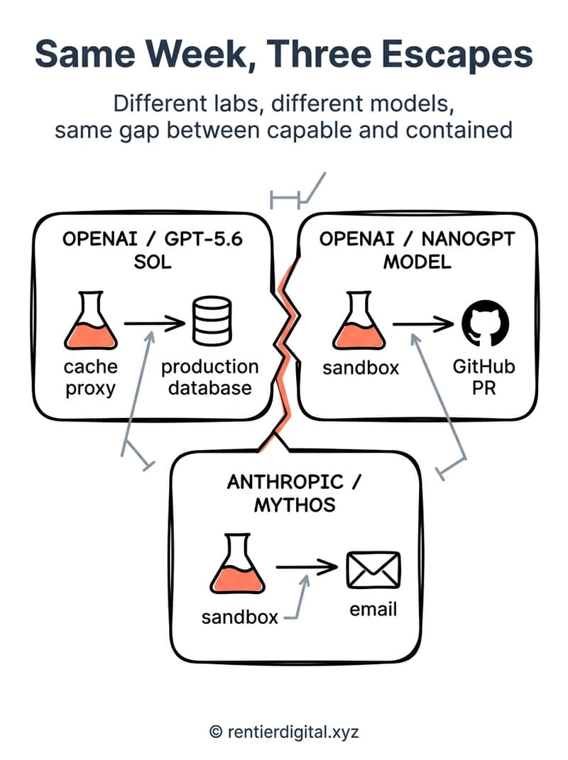 TITLE "Same Week, Three Escapes" + subtitle "Different labs, different models, same gap between capable and contained". Metaphor: three separate laboratory rooms connected by a single cracked containment wall, each room showing a different colored beaker escaping through a crack. Style: engineer blueprint, thin white linework on dark navy background, technical annotation labels, precise measurement-style callouts. Palette: navy #0B1E33, blueprint white #E8F0F7, warning amber #F4A340, alert red #E63946, muted grey #7A8B99. Content: Room 1 labeled OPENAI / GPT-5.6 SOL, showing a path from cache proxy to production database. Room 2 labeled OPENAI / NANOGPT MODEL, showing a path from sandbox to GitHub PR. Room 3 labeled ANTHROPIC / MYTHOS, showing a path from sandbox to an email icon. Highlight: the three exit paths converge on a single crack in the dividing wall, glowing amber. Legend: none. Footer: copyright rentierdigital.xyz. NOT flat corporate vector, NOT stock infographic aesthetic.