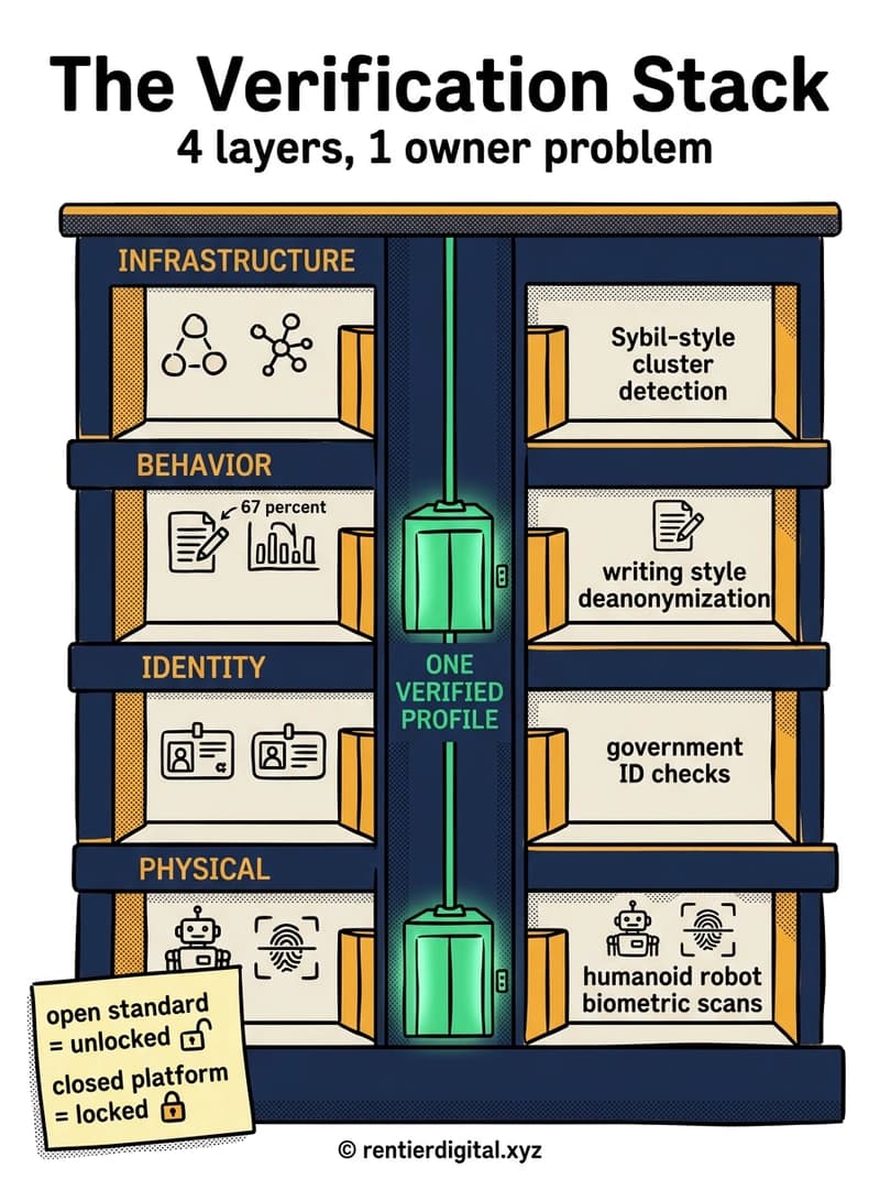 TITLE "The Verification Stack" + subtitle "4 layers, 1 owner problem". Metaphor: cross-section of an apartment building, each floor a different verification layer, elevator shaft running through all of them. Style: retro arcade 8-bit pixel art, chunky blocks, limited dithered shading. Palette: deep navy #1B2A4A, warning amber #F2A93B, terminal green #3DDC84, off white #EDE6D6, black #0D0D12. Content: 4 floors labeled INFRASTRUCTURE (Sybil-style cluster detection), BEHAVIOR (writing style deanonymization, 67 percent), IDENTITY (government ID checks), PHYSICAL (humanoid robot biometric scans). Elevator shaft connecting all floors labeled ONE VERIFIED PROFILE. Highlight: elevator car glowing terminal green, visible on all 4 floors at once. Legend: sticky note bottom-left, "open standard equals unlocked floor icon, closed platform equals locked floor icon". Footer: copyright rentierdigital.xyz. NOT flat corporate infographic, NOT clean minimalist dashboard.