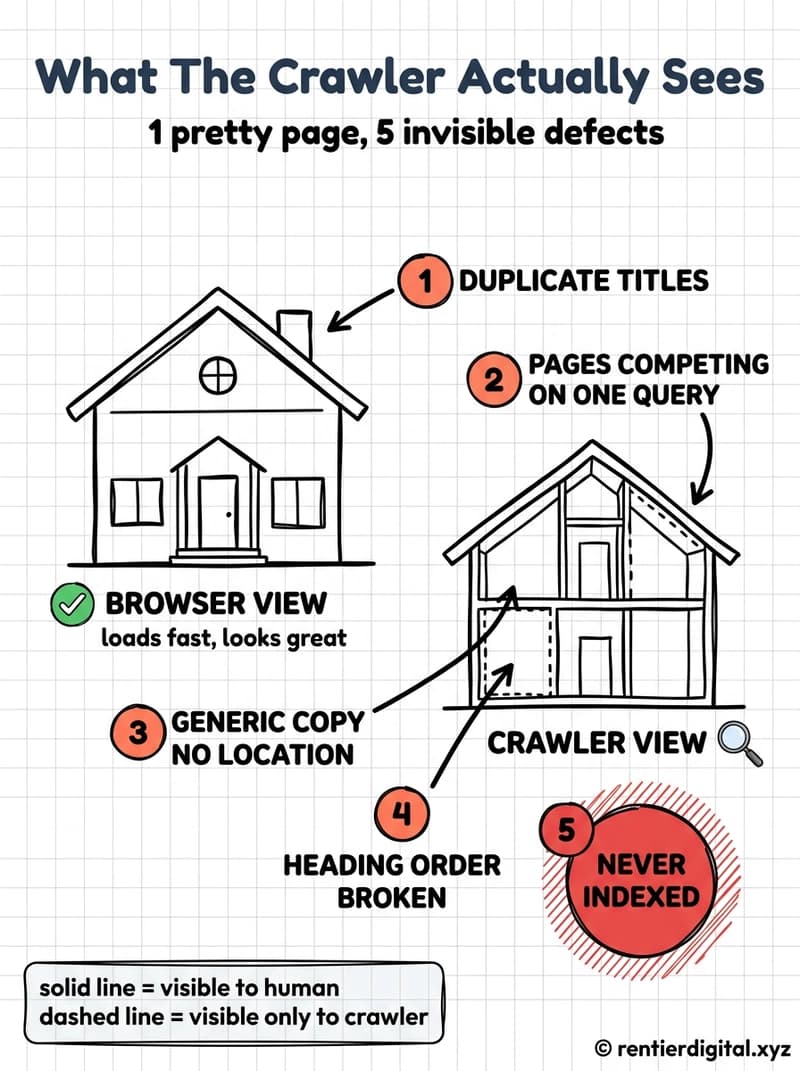 TITLE "What The Crawler Actually Sees" + subtitle "1 pretty page, 5 invisible defects". Metaphor: a house facade on the left with a clean painted front, and a cutaway cross-section on the right revealing the framing behind it, with 5 structural faults tagged like a building inspection report. Style: engineer blueprint, technical drawing on grid paper, thin precise linework, hand-lettered annotation labels and callout arrows. Palette: navy #14213D, amber #FCA311, muted red #C1121F, pale grey #E8E8E4, black #111111. Content: left half shows the rendered facade labeled BROWSER VIEW with a green tick and the caption "loads fast, looks great". Right half shows the cutaway labeled CRAWLER VIEW with 5 numbered faults tagged along the structure, 1 DUPLICATE TITLES, 2 PAGES COMPETING ON ONE QUERY, 3 GENERIC COPY NO LOCATION, 4 HEADING ORDER BROKEN, 5 NEVER INDEXED. Highlight: fault 5 NEVER INDEXED drawn twice the size of the others in muted red with a hatched danger zone around it. Legend: small taped note bottom-left, "solid line = visible to a human / dashed line = visible only to a crawler". Footer: © rentierdigital.xyz bottom-right, small, handwritten. NOT flat corporate vector, NOT minimalist tech startup aesthetic.