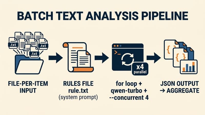 Batch text-analysis pipeline: file-per-item input, rules file, concurrent loop, JSON output and aggregation