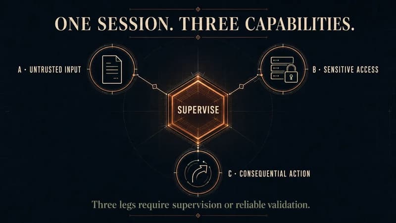 Three agent capabilities, untrusted input, sensitive access, and consequential action, converge on a central supervision control, showing that a session holding all three requires supervision or reliable validation.