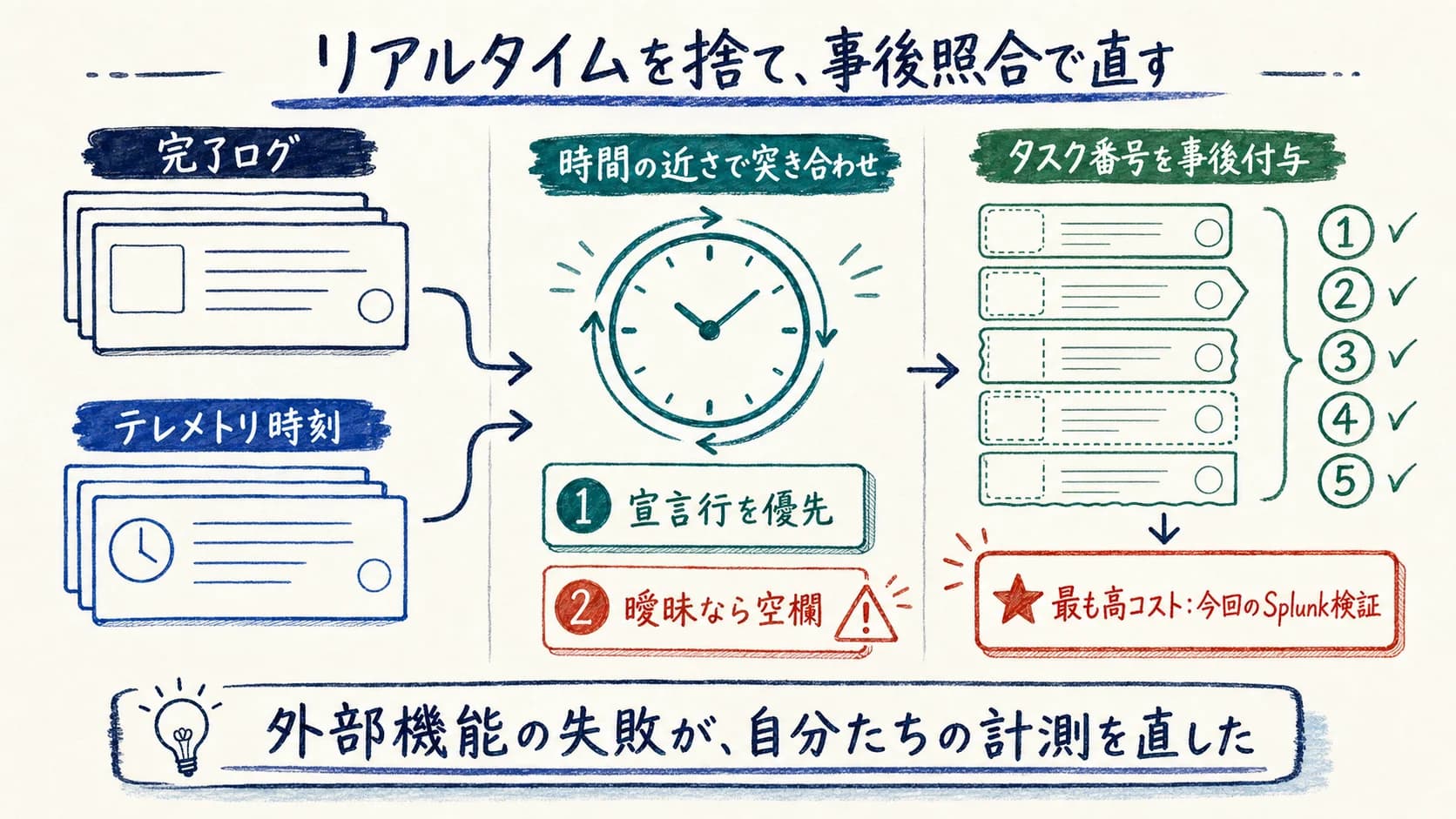 リアルタイムを捨て事後照合で直す図。完了ログとテレメトリ時刻を時間の近さで突き合わせ、タスク番号を事後付与するフロー