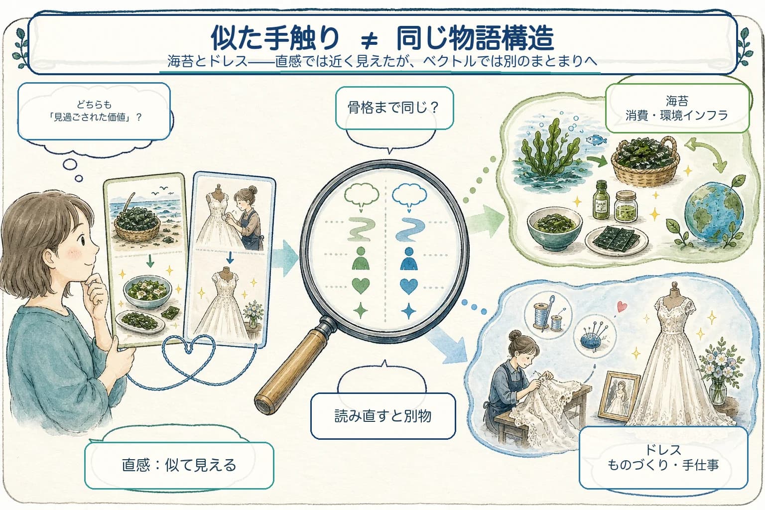 海苔と古いウェディングドレスは似た手触りに見えるが、物語の骨格を読むと別のクラスタに分かれることを示す図。