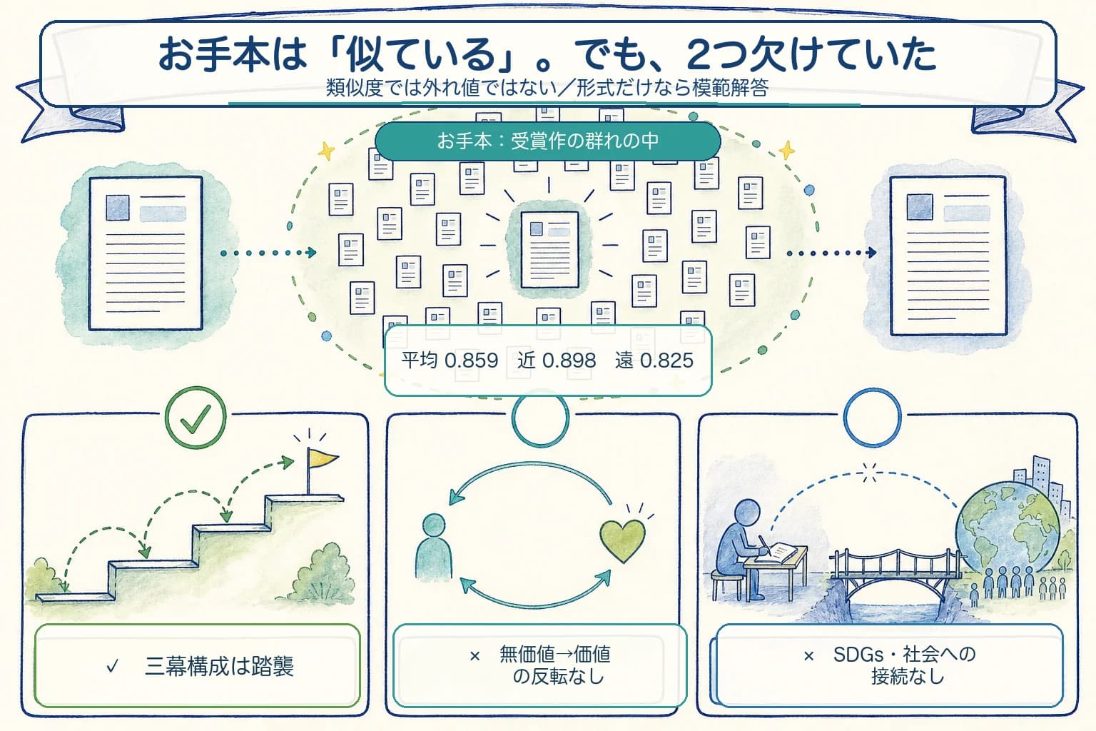 お手本エッセイは受賞作と同じ類似度帯にあり三幕構成も踏襲する一方、価値の反転とSDGs・社会への接続を欠くことを示す図。