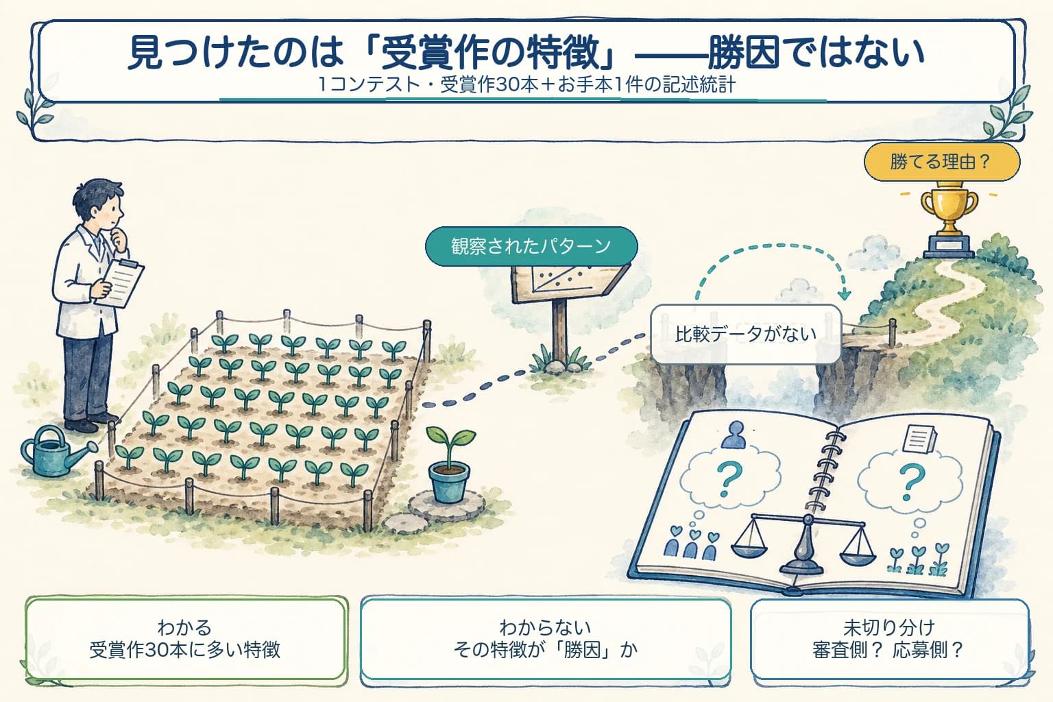 受賞作30本に多い特徴は観察できても、その特徴が勝因かどうかは非受賞作との比較なしには言えないことを示す図。