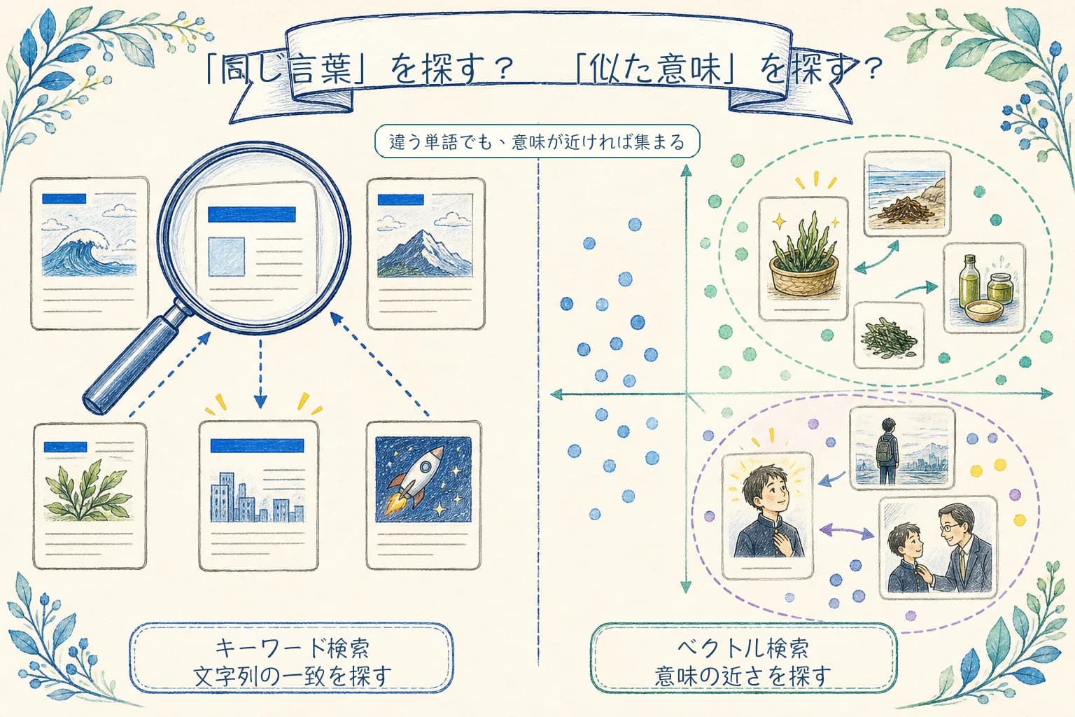 同じ文字列を探すキーワード検索と、異なる単語でも意味が近い文章を同じ空間に集めるベクトル検索を対比した図。