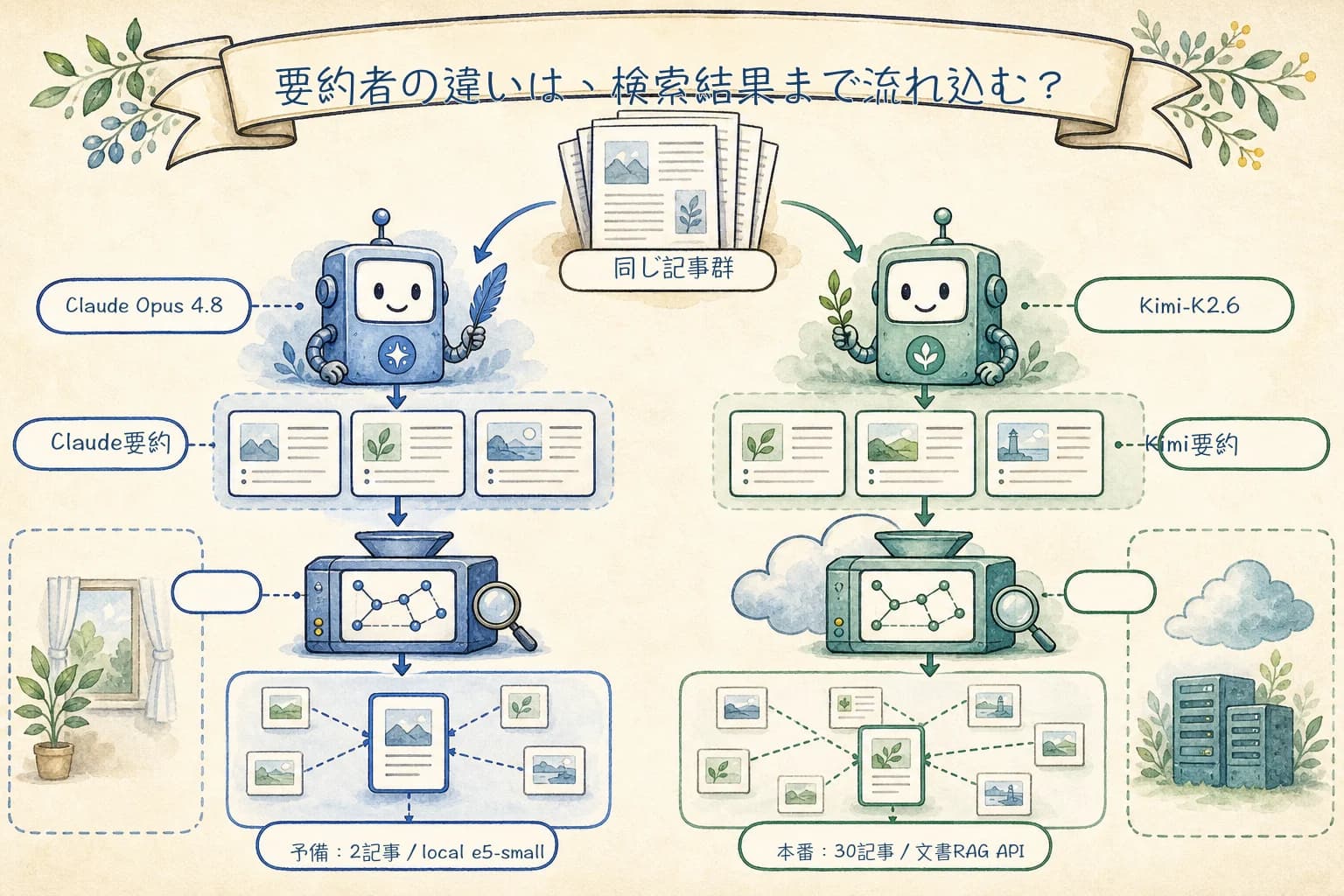 同じ記事群をClaude Opus 4.8とKimi-K2.6が別々に要約し、予備のローカルモデルと本番の文書RAG APIを経て近傍結果に至る流れを示す図。