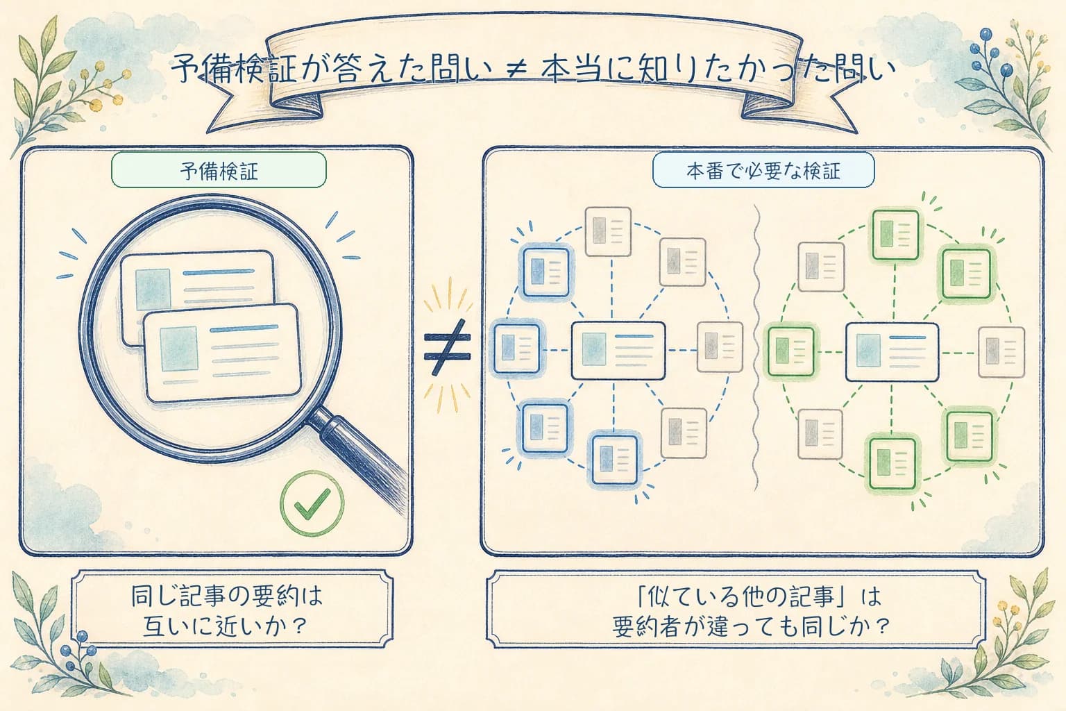 「同じ記事の2要約は近いか」と「似ている他の記事は要約者が変わっても同じか」が等しくない問いであることを示す比較図。