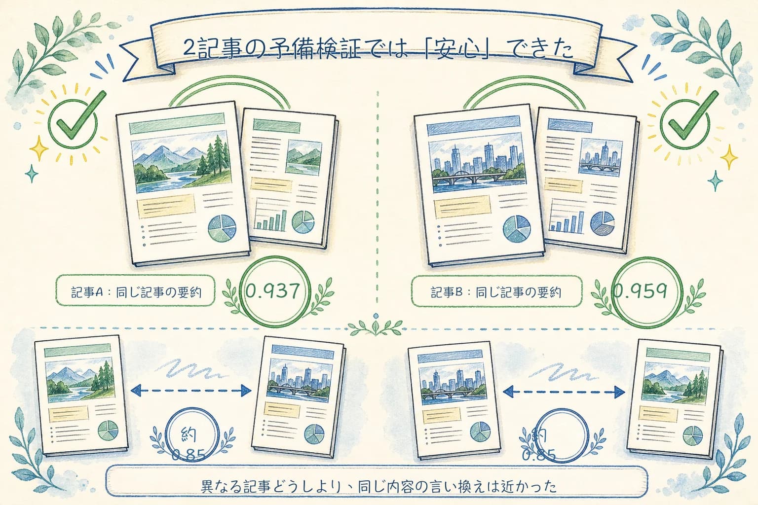 2記事の同一記事要約ペアが0.937と0.959、異なる記事どうしが約0.85となり、予備検証が安心感を与えた理由を示す図。