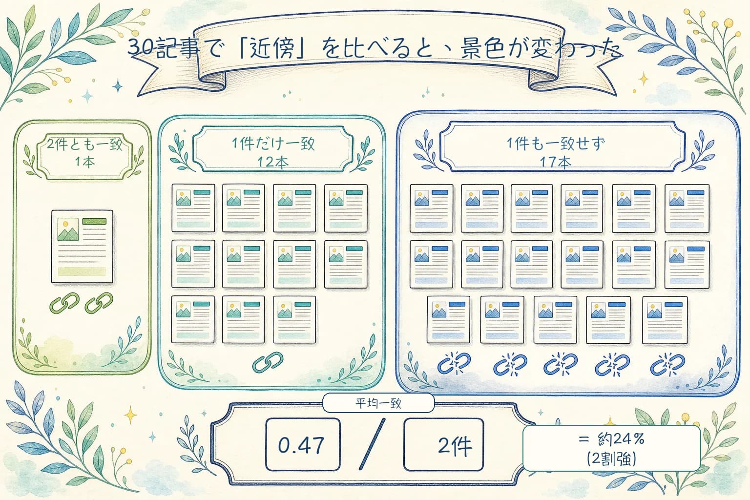 30記事の上位2近傍について、2件一致が1本、1件一致が12本、不一致が17本、平均一致が0.47/2件(約24%)だった結果を示す図。