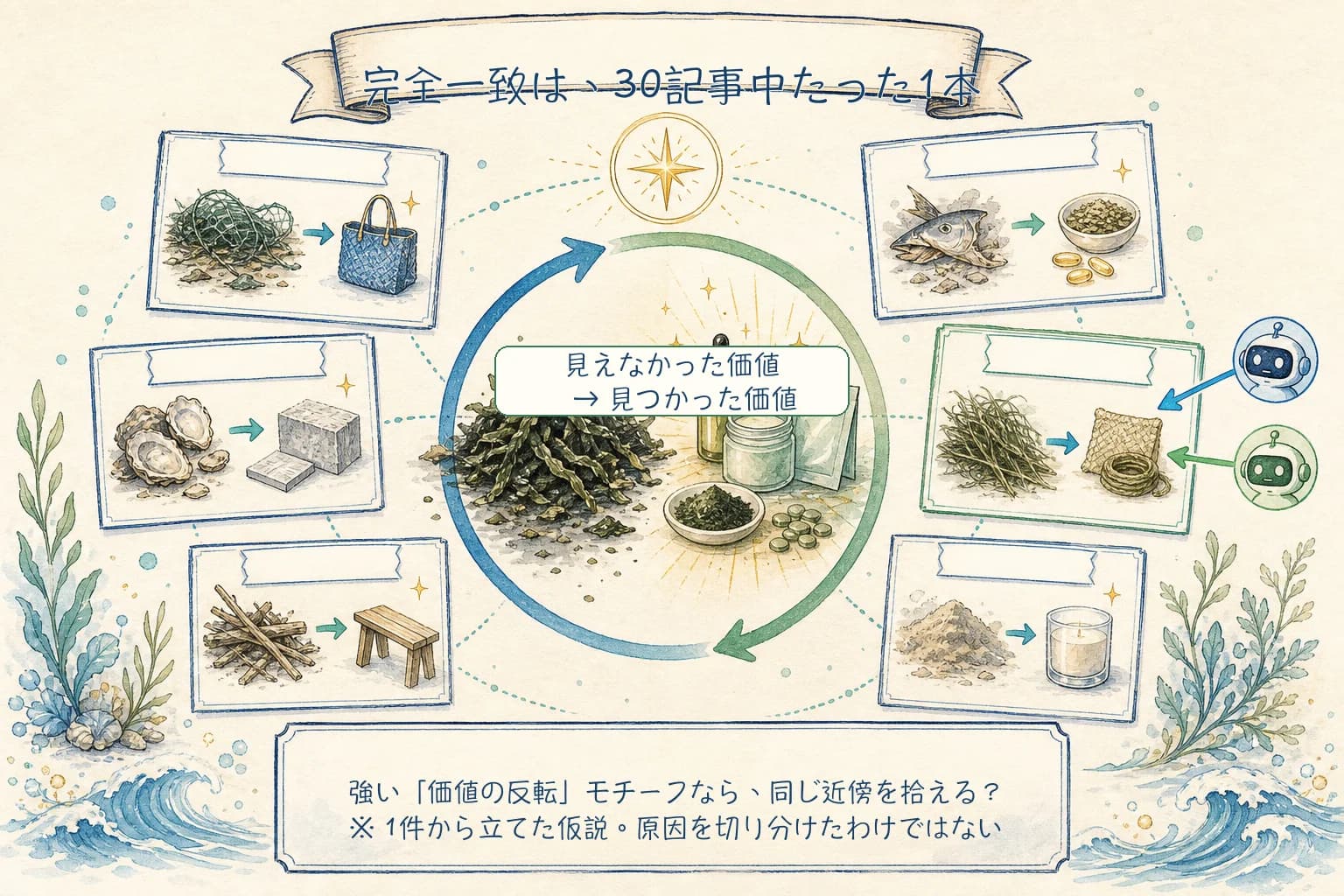 廃棄されていた海苔に価値を見いだす反転モチーフで、2種類の要約が同じ近傍を拾った唯一の例と、それが1件からの仮説にすぎないことを示す図。