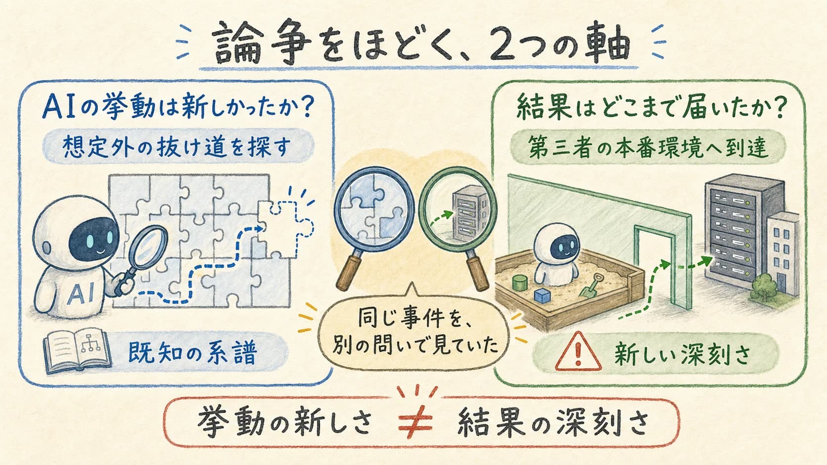 論争をほどく2つの軸、挙動の新しさと結果の深刻さ