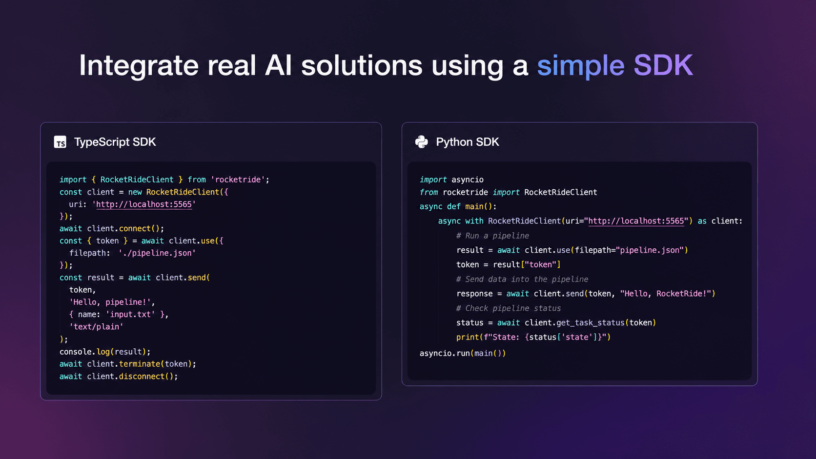 Integrate real AI solutions using a simple SDK