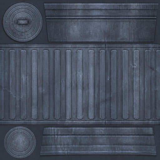 A game texture atlas of dark blue-grey riveted metal panels, showing a circular hatch with a handle in the top left, ribbed corrugated panels across the middle, a plain circular plate bottom left, and flat banded strips at top and bottom. No text visible.