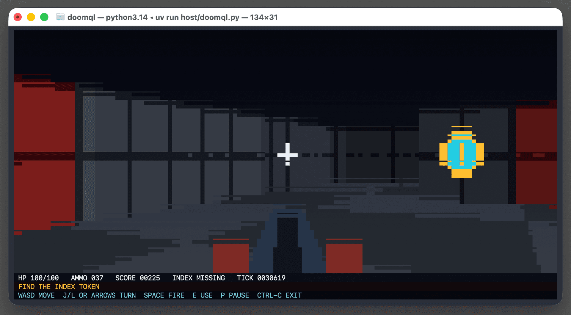 Screenshot of a macOS terminal window titled "doomql — python3.14 ◂ uv run host/doomql.py — 134×31" showing a retro Doom-style game rendered as text-mode pixel art. The scene is a pixelated first-person corridor with gray paneled walls, dark red doors on the far left and right, a floating cyan-and-gold coin pickup on the right side, a white crosshair near the center, and a dark weapon barrel rising from the bottom center. A status bar below the scene reads "HP 100/100 AMMO 037 SCORE 00225 INDEX MISSING TICK 0028450", followed by an orange line "FIND THE INDEX TOKEN" and a cyan controls line "WASD MOVE J/L OR ARROWS TURN SPACE FIRE E USE P PAUSE CTRL-C EXIT".