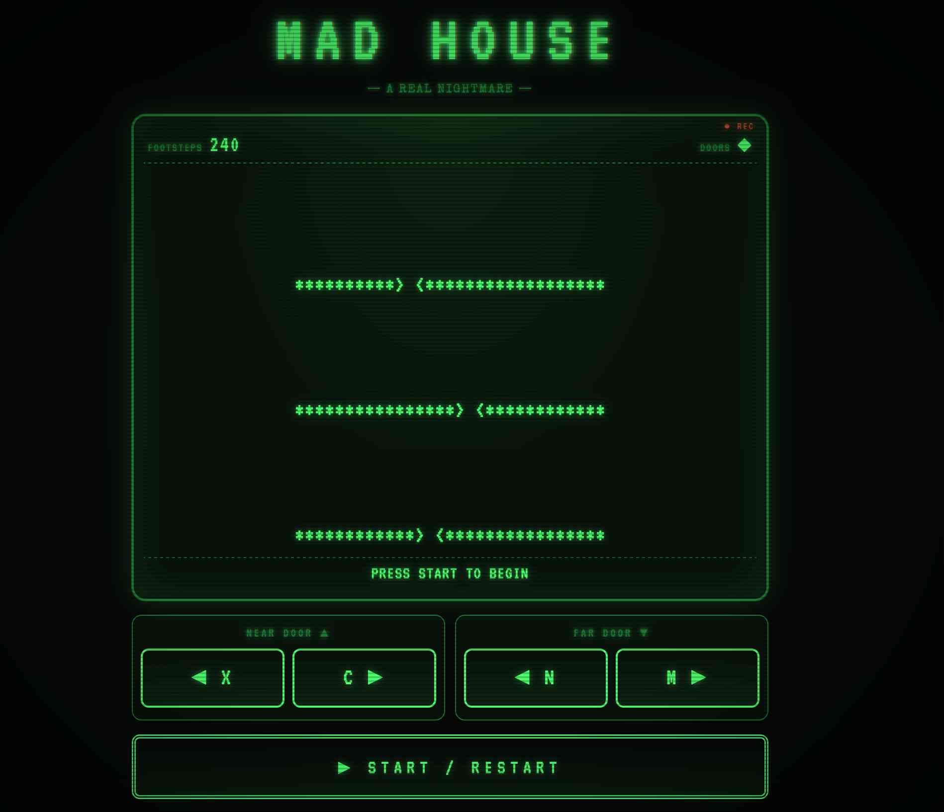 Screenshot of a retro green-on-black terminal-style game interface titled "MAD HOUSE — A REAL NIGHTMARE —" with a REC indicator, FOOTSTEPS 240, DOORS counter, three rows of ASCII corridors made of asterisks with ">" and "<" door markers, "PRESS START TO BEGIN" text, NEAR DOOR controls (X and C) and FAR DOOR controls (N and M), and a "▶ START / RESTART" button at the bottom.