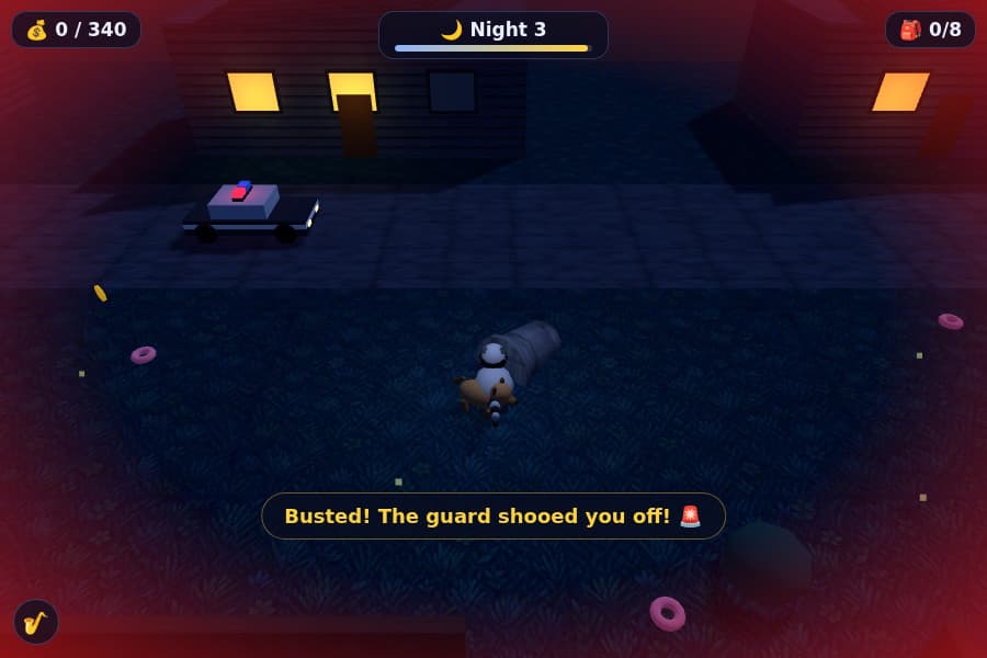 Screenshot of the game. Night 3, the raccoon is in the middle intersecting with the dog. A message reads Busted! The Guard shooed you off! The screen has a red tinge around the edges.